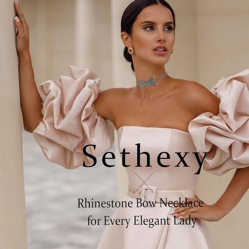 Sethexy Sparkly Rhinestone Choker Glitter Bowtie Necklace Bowknot Tennis Chain Party Nightclub Wedding Costume Jewelry for Women and Girls in Kuwait