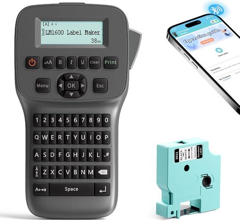 Label Makers, LM1600 Portable Label Maker Machine, Bluetooth Rechargeable Label Printer, QWERTY Keyboard Labeler with Backlit LCD Screen for Home & Office Organization Gray in Saudi Arabia