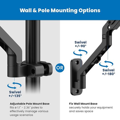 Mount-It! Single Monitor Arm for Wall or Pole Mounting, Full Motion Monitor Mount for 17" to 32" Screens, 2 Mounting Options incl., Spring Assisted Wall Mount, VESA 75x75, 100x100, 15.4 lb max Weight in Kuwait