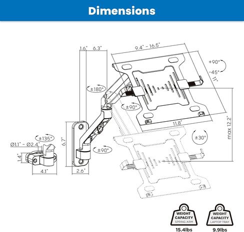 Mount-It! Single Monitor Arm for Wall or Pole Mounting, Full Motion Monitor Mount for 17" to 32" Screens, 2 Mounting Options incl., Spring Assisted Wall Mount, VESA 75x75, 100x100, 15.4 lb max Weight in Kuwait
