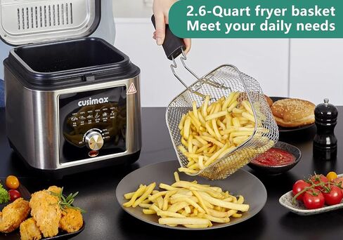 مقلاة عميقة CUSIMAX مقلاة كهربائية عميقة مع سلة وخطاف بالتنقيط، مقلاة سمك بسعة زيت 2.6 لتر، غطاء قابل للإزالة مع نافذة عرض وفلتر، مقالي من الفولاذ المقاوم للصدأ، 1200 واط in Kuwait