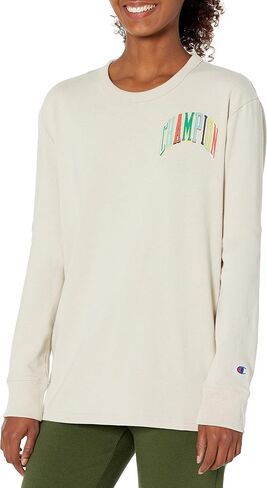 Champion Boyfriend, Oversized T-Shirt, Women's Cotton Long Sleeve Tee, White, Large in Kuwait