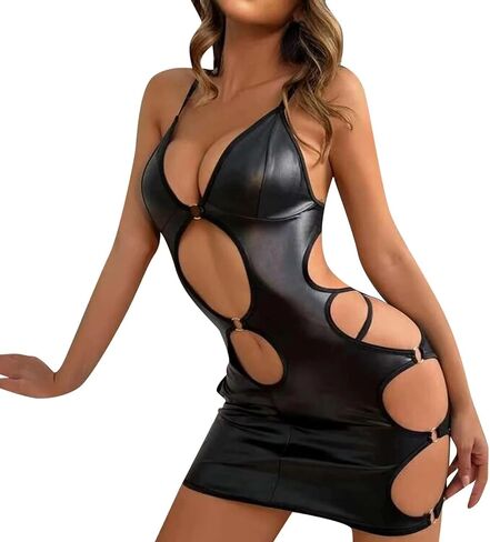 Women's PU Leather Cut Out Babydoll Nightdress Deep V Neck Backless Bodycon Mini Nightclub Dress with Metallic ring in Saudi Arabia