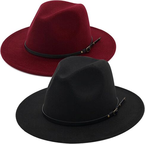 DRESHOW 2 Pack Fedora Hats for Women Men Unisex Fashionable Classic Wide Brim Womens Fedora Hat Felt Panama Hat with Belt Buckle in Saudi Arabia
