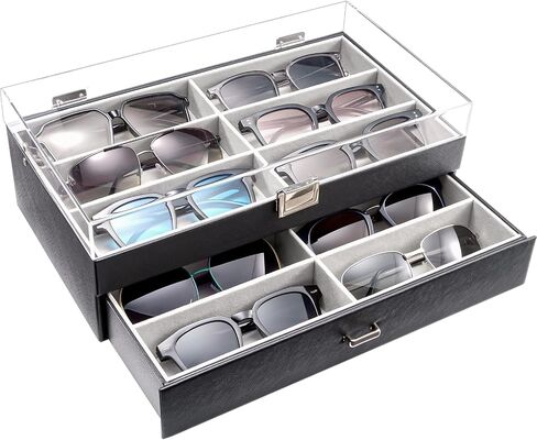 ProCase 12 Slots Acrylic Clear Top Sunglass Organizer, 2 Layers Eyeglasses Case Multi Pairs Storage Eyewear Display Holder with Transparent Lid and Drawer -Black in Saudi Arabia
