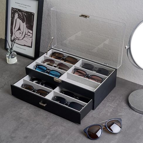 ProCase 12 Slots Acrylic Clear Top Sunglass Organizer, 2 Layers Eyeglasses Case Multi Pairs Storage Eyewear Display Holder with Transparent Lid and Drawer -Black in Saudi Arabia