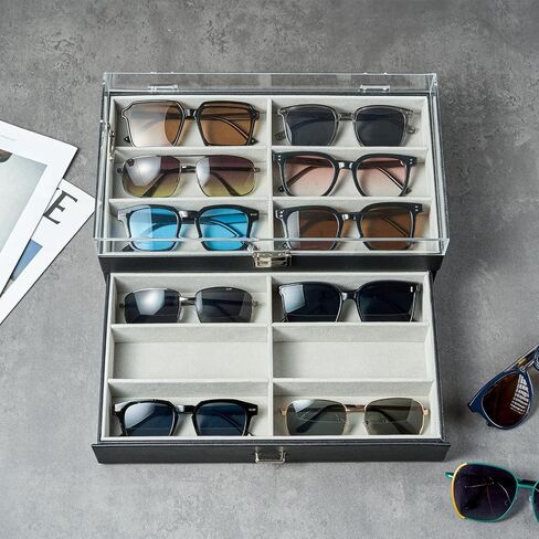 ProCase 12 Slots Acrylic Clear Top Sunglass Organizer, 2 Layers Eyeglasses Case Multi Pairs Storage Eyewear Display Holder with Transparent Lid and Drawer -Black in Saudi Arabia