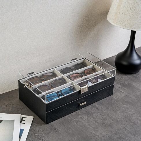 ProCase 12 Slots Acrylic Clear Top Sunglass Organizer, 2 Layers Eyeglasses Case Multi Pairs Storage Eyewear Display Holder with Transparent Lid and Drawer -Black in Saudi Arabia