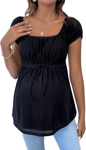 Verdusa Women's Maternity Blouses Drawstring Peplum Short Puff Sleeve Blouse Tops in Saudi Arabia