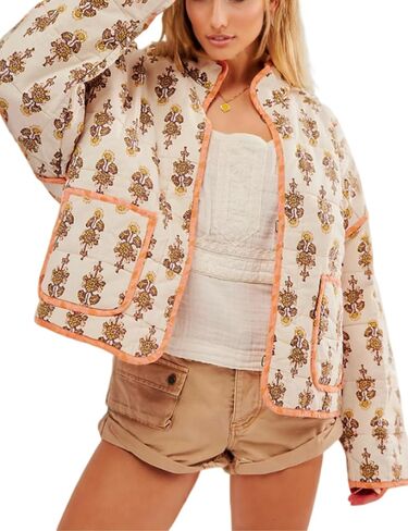 Women's Cropped Floral Puffer Jacket Cardigan Printed Lightweight Open Front Padded Quilted Coats in Saudi Arabia