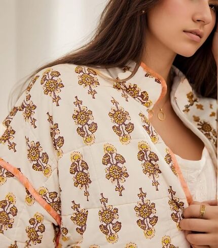 Women's Cropped Floral Puffer Jacket Cardigan Printed Lightweight Open Front Padded Quilted Coats in Saudi Arabia