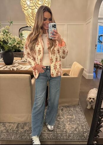 Women's Cropped Floral Puffer Jacket Cardigan Printed Lightweight Open Front Padded Quilted Coats in Saudi Arabia