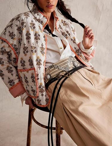 Women's Cropped Floral Puffer Jacket Cardigan Printed Lightweight Open Front Padded Quilted Coats in Saudi Arabia