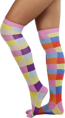 ToBeInStyle Women’s Fun Jester Pattern Polka Dot & Striped Thigh High Stockings in Kuwait