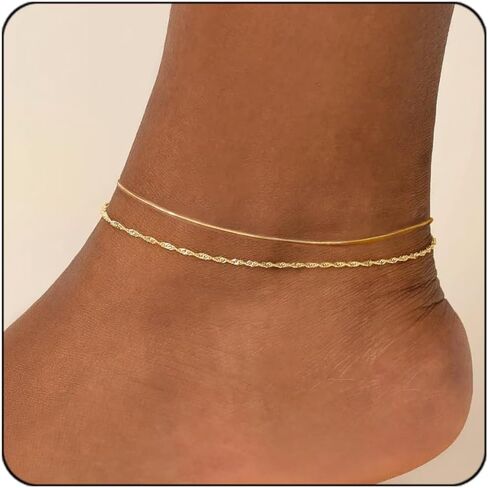 Gold Ankle Bracelets For Women Waterproof,18k Gold Plated Anklets Layered Thin Snake Chain Herringbone Anklets Non Tarnish Stainless Steel Dainty Summer Jewelry Set Gift For Women in Kuwait
