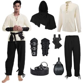 7 Pcs Men's Renaissance Costume Medieval Pirate Shirt Ankle Banded Pants Viking Costume Accessories Set