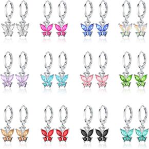 12 Pairs Hypoallergenic Butterfly Earrings Pack Crystal Dangle Hoop Earrings for Girls Teens Kids Cute Girls Earrings Set Sparky Birthstone Jewelry Gift