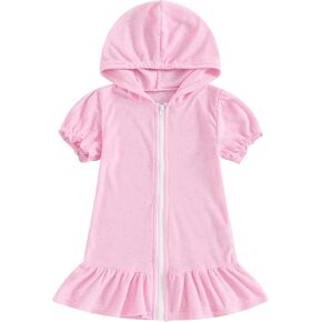 Girls Hooded Terry Cover Up Swimsuit Zipper Swim Dress Short Sleeve Ruffle Coverups Bathing Suit Swimwear
