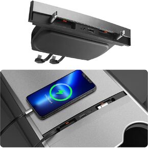 Center Console USB Hub for Tesla Model 3/Y 2021 2022 2023, Multifunctional Port Tesla Accessories with Anti-Dust Sliding Lid and Retractable Fast Charge