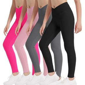 EXARUS 4 Pack Girls Leggings Kids Yoga Pants Crossover V Waist Ankle/Full Length High Waisted for School Casual Dance