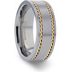 Ferdinand Titanium Brushed Finish Flat Men's Wedding Ring With 14K Yellow Gold Dual Braided Inlay - 8mm