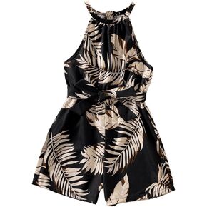 SHENHE Girl's Summer Romper Halter Neck Sleeveless Belted Tropical Shorts Jumpsuit