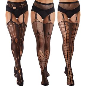 Yilanmy Women Patterned Tights Fishnet Stockings, Black Suspender Pantyhose Sexy Fishnets Halloween Tights 3 Pairs