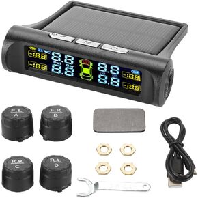 Tire Pressure Monitoring System Wireless Solar Power and USB Charger Monitor, Colorful LCD Display, TPMS with 4 Sensors & 5 Alarm Modes, Real-time Monitoring Pressure and Temperature for Car RV SUV