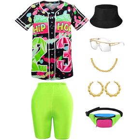 80s 90s Outfit for Women Hip Hop Costume Baseball Jersey Shirt Shorts Set, 90s Outfits for Women Party 90s Woman Costumes