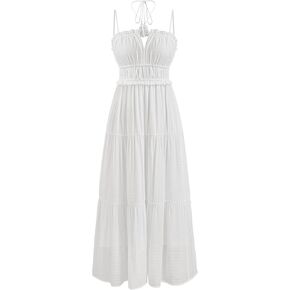 CIDER French Riviera Vacation Woven Collarless Lettuce Trim Knotted Maxi Dress