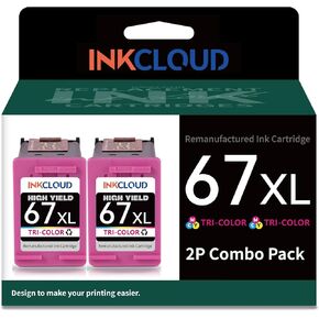 INKCLOUD 67XL Printer Ink Higher Yield Compatible with HP 67XL Ink Cartridge for HP Envy 6055 6052 6058 6075 Envy Pro 6455 6455e 6452 6458 DeskJet 1255 2732 2752 2755e 4140 4155 (1 Black 1 Tri-Color)