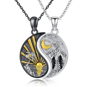 XIXLES Yin Yang Matching Necklace Set 925 Sterling Silver Moon And Sun Couples Necklaces, Yin Yang Friendship Matching Pendant, Yin Yang BFF Couple Jewelry Birthday Gifts for Best Friend Couples Family