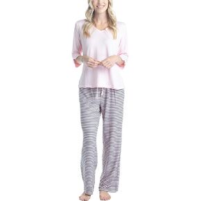 Hanes Women's Butter Knit 3/4 V-Neck Sleep Top and Pajama Pant Lounge & Sleep Set Pink/Stripe