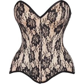 Daisy corsets Womens Top Drawer Nude Satin W/Black Lace Overlay Steel Boned Overbust CorsetCorset
