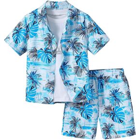 Verdusa Boy's Two Piece Outfits Tropical Button Down Short Sleeve Collared Shirt and Shorts Set
