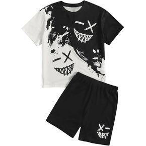 SweatyRocks Boy's 2 Piece Outfits Graphic Print Short Sleeve Tee Top and Shorts Clothes Sets