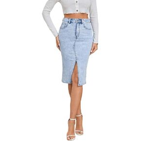 Women's High Waist Midi Denim Skirt Front Split Casual Stretch Knee Length Mid Jean Skirt for Womens.