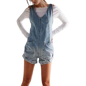 Denim Romper for Women Sleeveless Jean Short Overalls Adjustable Straps Casual Jumpsuit Shortalls with Pockets