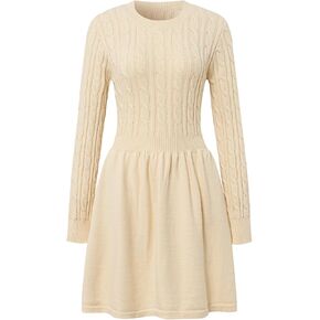 Women's Casual Crew-Neck Ribbed Long-Sleeved Basic Mini Pullover Sweater Dresses