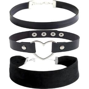 Black Leather, Velvet, Heart Pendant Choker 90s Accessories Goth Style Classic Punk Gothic Neck Collar Choker Necklace for Women and Men, Pack of 3