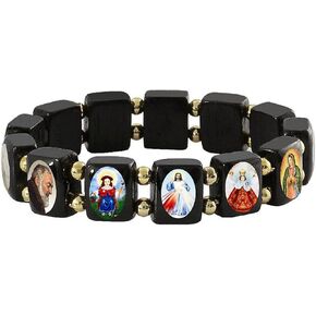 Catholica Shop I Catholic Religious Bracelets with Assorted Color Images of Saints, Jesus and Mary I Wooden Stretchable Bracelet I Catholic Gifts Bracelets I Religious Bracelet