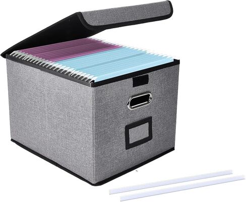 Portable File Organizer Box with Lid with Plastic Slide, Decorative Collapsible Linen Hanging Home/Office Filing System Box for File and Folders Storage Collapsible Linen File Box for Letter… in Saudi Arabia