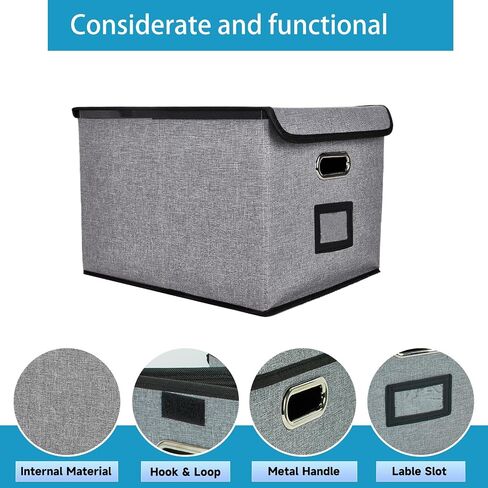 Portable File Organizer Box with Lid with Plastic Slide, Decorative Collapsible Linen Hanging Home/Office Filing System Box for File and Folders Storage Collapsible Linen File Box for Letter… in Saudi Arabia
