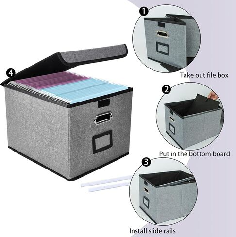 Portable File Organizer Box with Lid with Plastic Slide, Decorative Collapsible Linen Hanging Home/Office Filing System Box for File and Folders Storage Collapsible Linen File Box for Letter… in Saudi Arabia