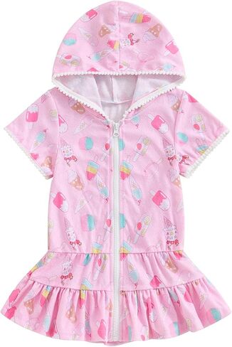 Girls Swim Cover Up Kid Hooded Zip-Up Terry Swimsuit Coverup Towel Bathing Suit Bathrobe Pool Swim Beach Robe Dress in Saudi Arabia