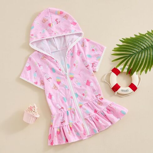 Girls Swim Cover Up Kid Hooded Zip-Up Terry Swimsuit Coverup Towel Bathing Suit Bathrobe Pool Swim Beach Robe Dress in Saudi Arabia