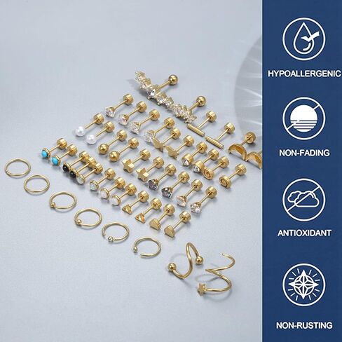 SAILIMUE 23 زوجًا من الأقراط الجراحية المصنوعة من الفولاذ بظهر مسطح للنساء والرجال لا تسبب الحساسية 20 جرام أقراط غضروفية صغيرة أقراط مسمارية صغيرة تشيكوسلوفاكيا نجمة القمر القلب أوبال اللولب الزنمة Daith أقراط ثقب المجوهرات in Kuwait