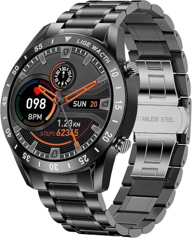 ساعة ذكية LIGE لنظام Android iOS، مكالمات بلوتوث، دردشة صوتية مع معدل ضربات القلب/مراقبة النوم، متتبع اللياقة البدنية، شاشة لمس كاملة IP67 مقاومة للماء من الفولاذ المقاوم للصدأ للرجال in Kuwait