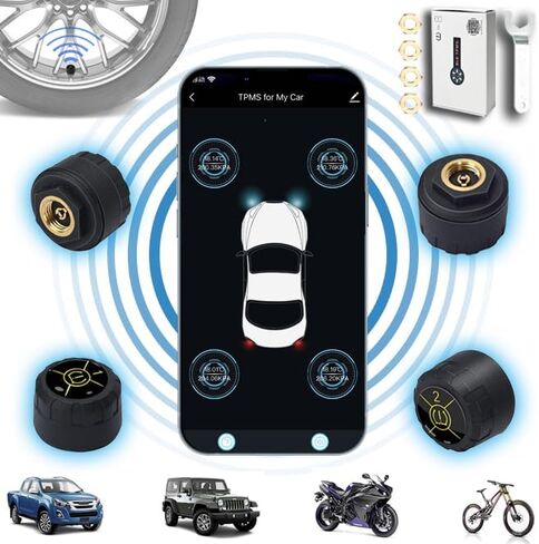 Tire Pressure Monitor System Wireless Tire Pressure TPMS Sensor Real-time Bluetooth Wireless Temperature Car Tire Pressure Monitor TPMS for Cars,Bikes,Motors,Support iOS&Android,4 External TPMS Kit in Kuwait