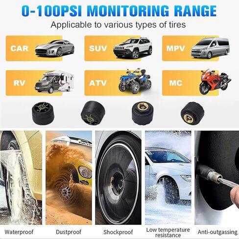 Tire Pressure Monitor System Wireless Tire Pressure TPMS Sensor Real-time Bluetooth Wireless Temperature Car Tire Pressure Monitor TPMS for Cars,Bikes,Motors,Support iOS&Android,4 External TPMS Kit in Kuwait